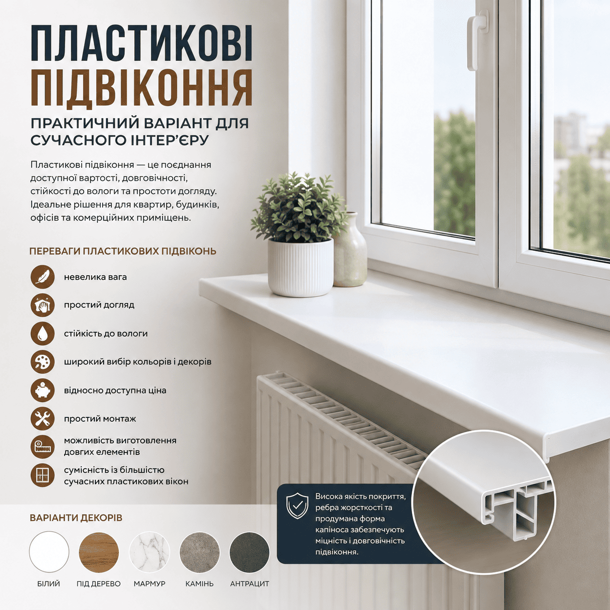 Пластикові підвіконня практичний варіант для сучасного інтер'єру