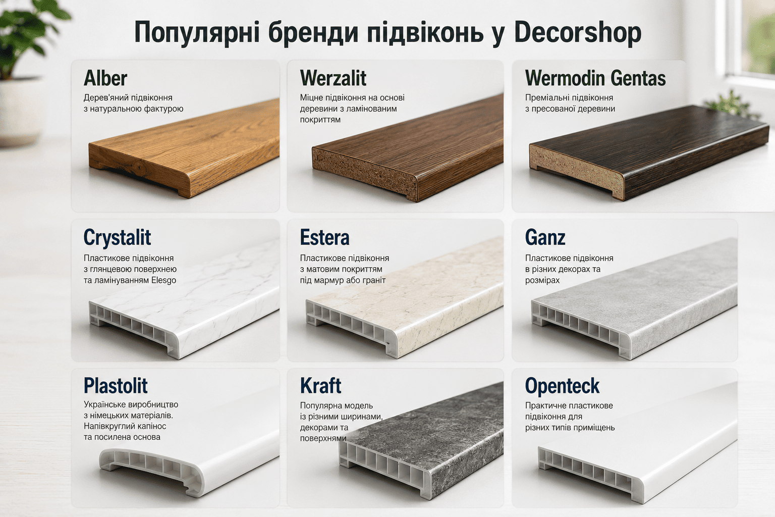 Популярні бренди підвіконь у Decorshop